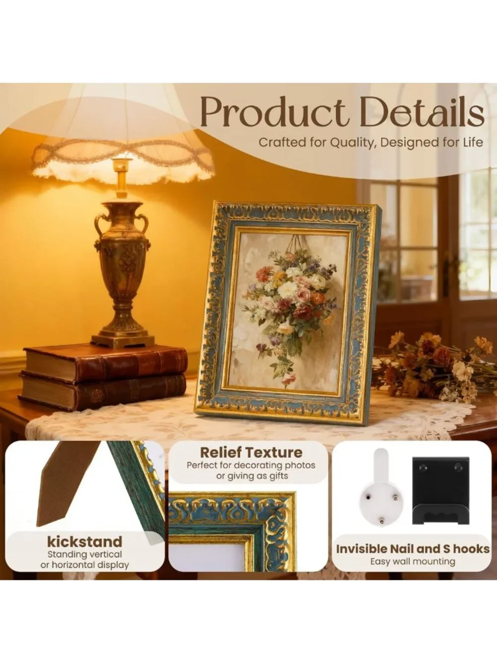 4 Pack Vintage Ornate Picture Frames 5x7 for Wall/Table - Colorful Home Decor